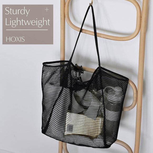 Women's Black Mesh Beach Tote Nylon/polyester No-closure Shoulder Hand Bag - Picture 4 of 6